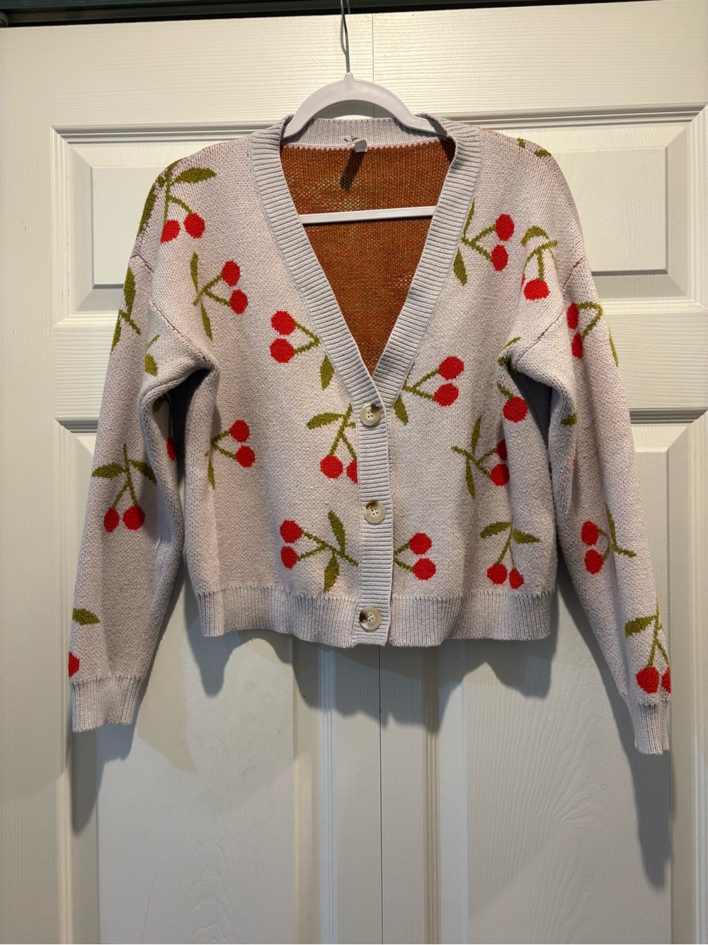 Cherry print novelty cardigan sweater light lavender purple v-neck buttons sz M